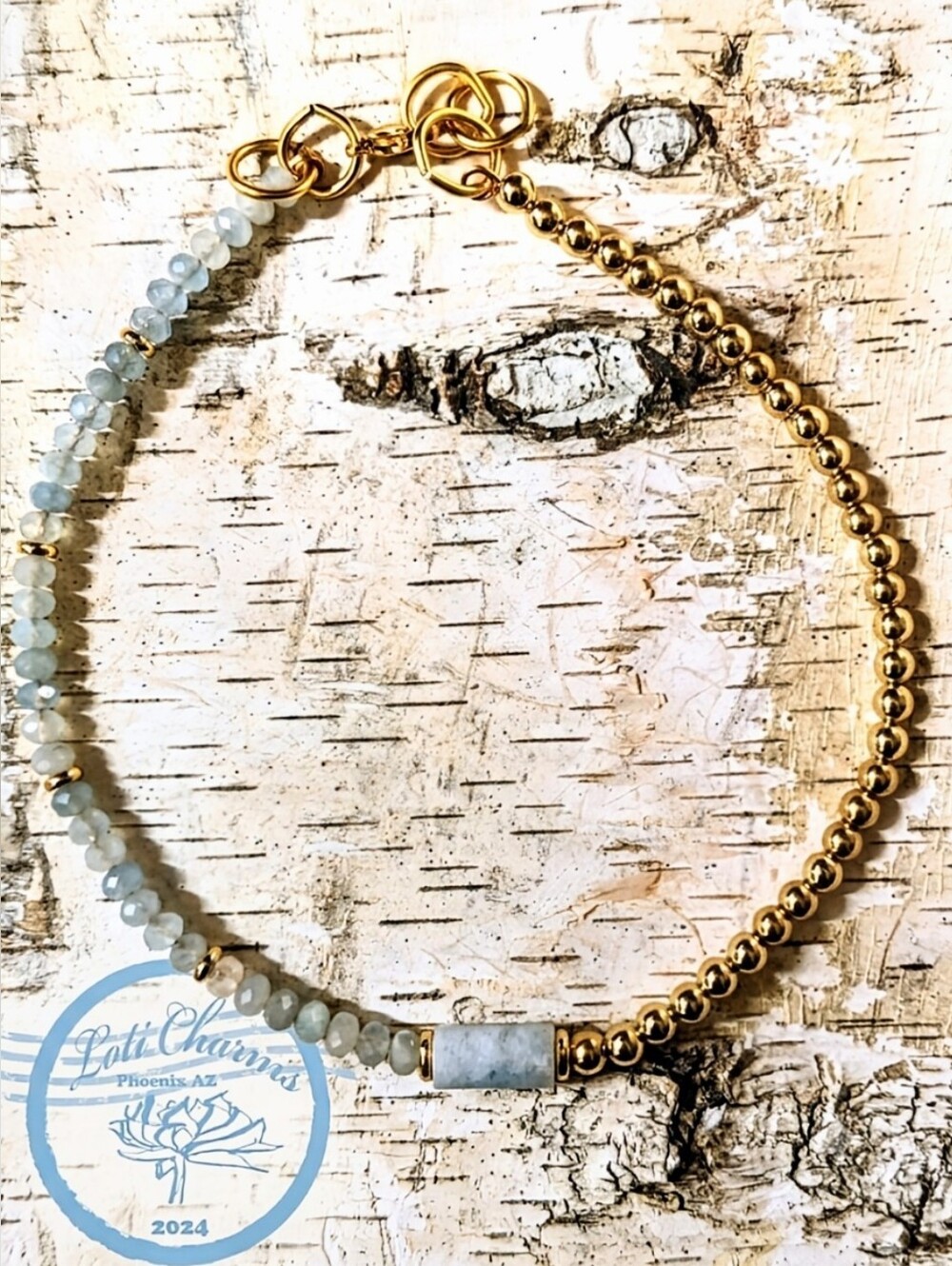 Natural Aquamarine & Gold Beads in Assymetrical Gold Plated Necklace Choker
